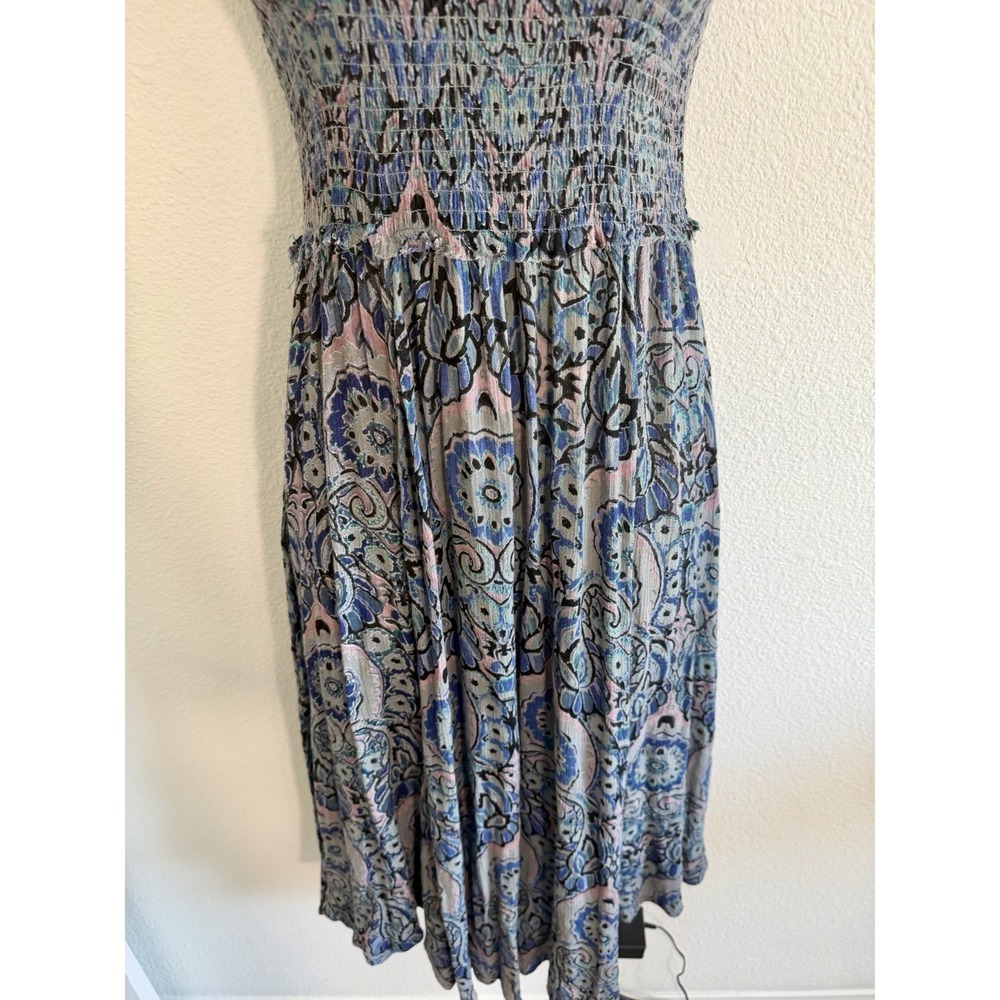 Free People Smocked Midi Dress Sz S Blue Paisley High Neck Sleeveless Boho Beach - Picture 7 of 12